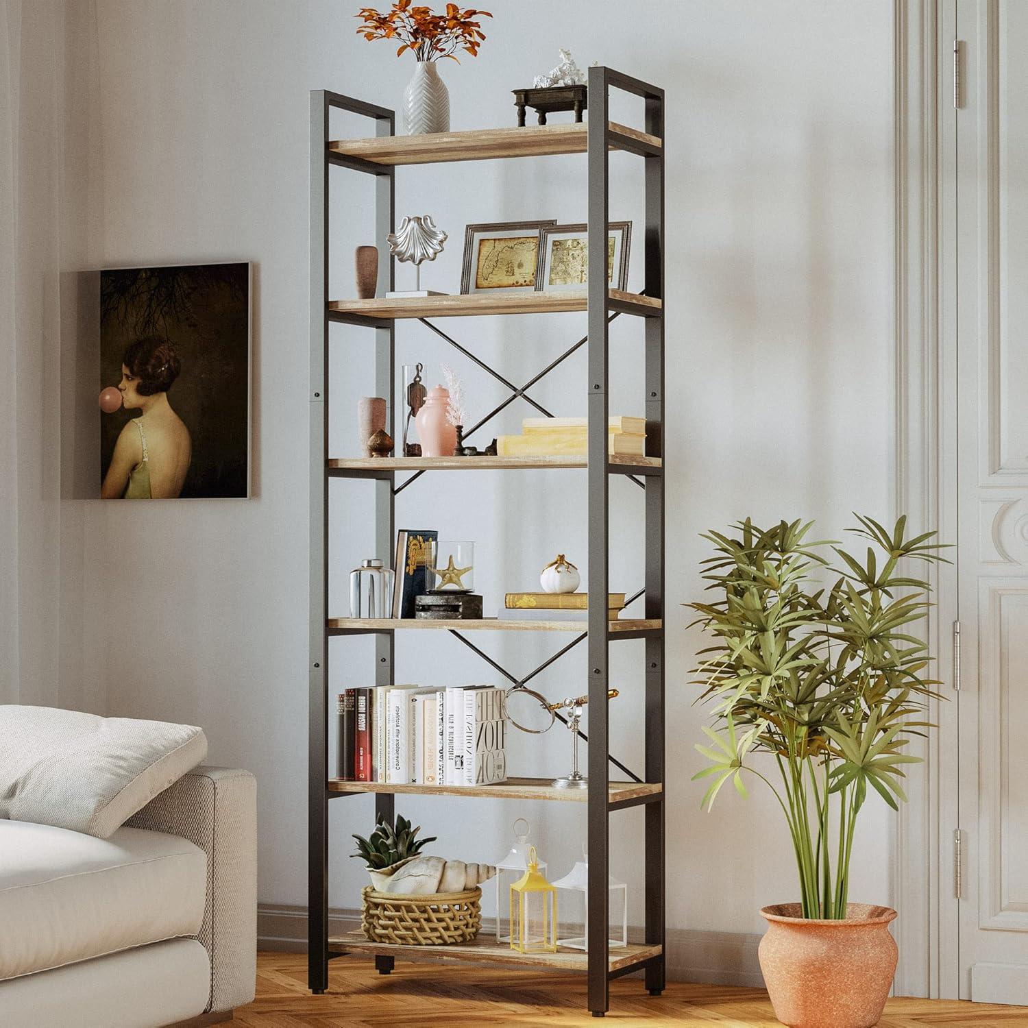 Industrial Brown 6-Tier Adjustable Ladder Bookshelf with Metal Frame