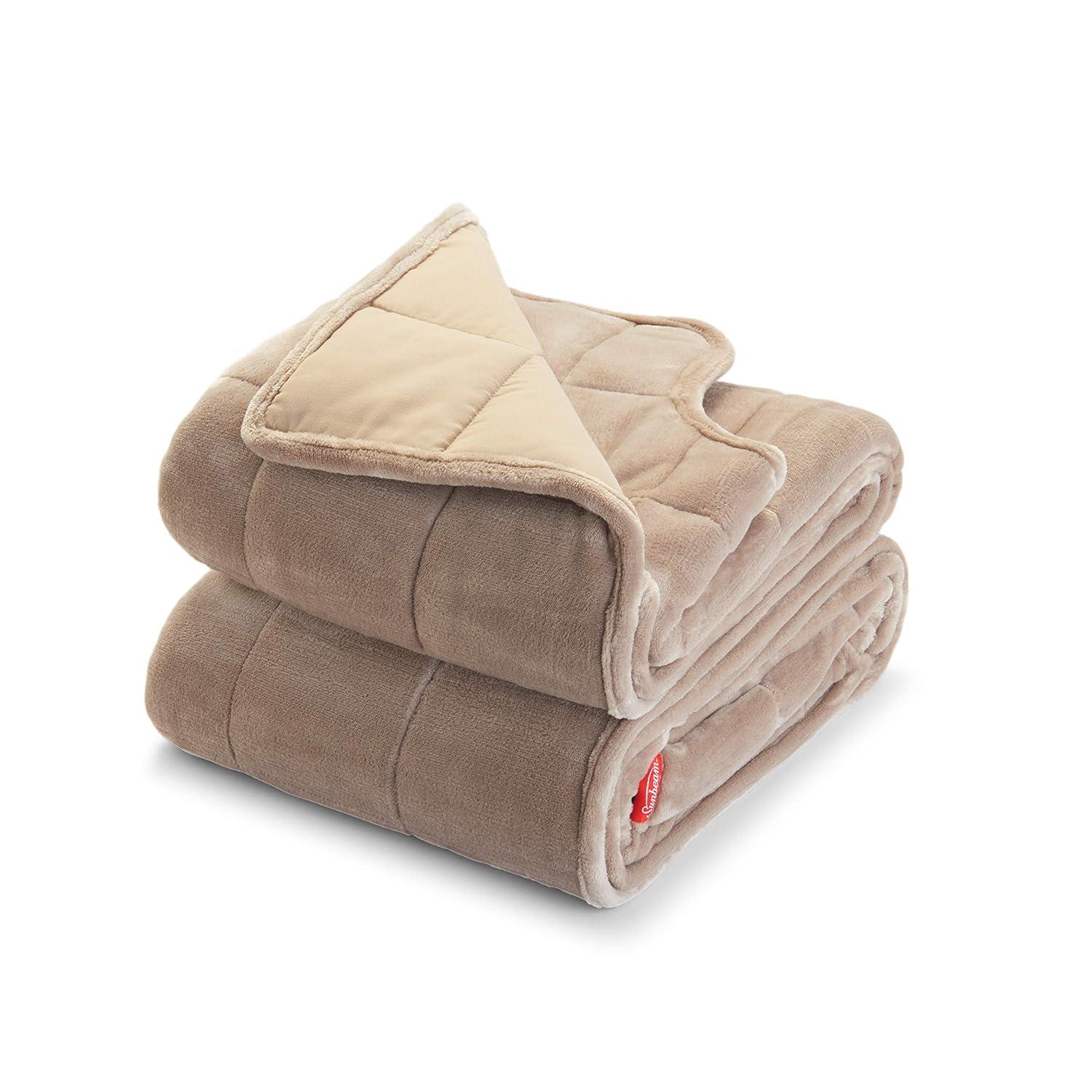 Sunbeam Extra Warm Weighted Blanket | 15 Pounds, Reversible Plush Velvet/Microfiber with Arm Slits and Neck Cutout, 54” x 73”, Mushroom