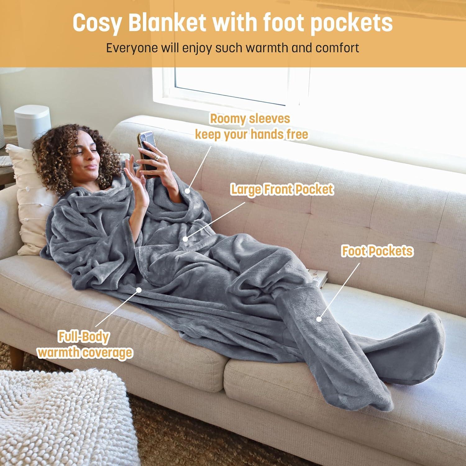 Catalonia Wearable Fleece Blanket with Sleeves & Foot pockets for Men Women, Plush Wrap Sleeved Throw Blanket
