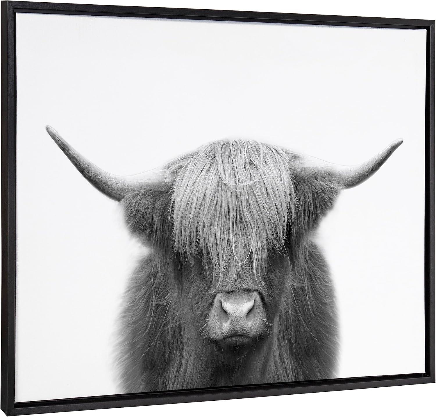 Kate and Laurel Sylvie Hey Dude Highland Cow BW Framed Canvas Wall Art by The Creative Bunch Studio, 28x38 Black, Decorative Farmhouse Animal Art for Wall