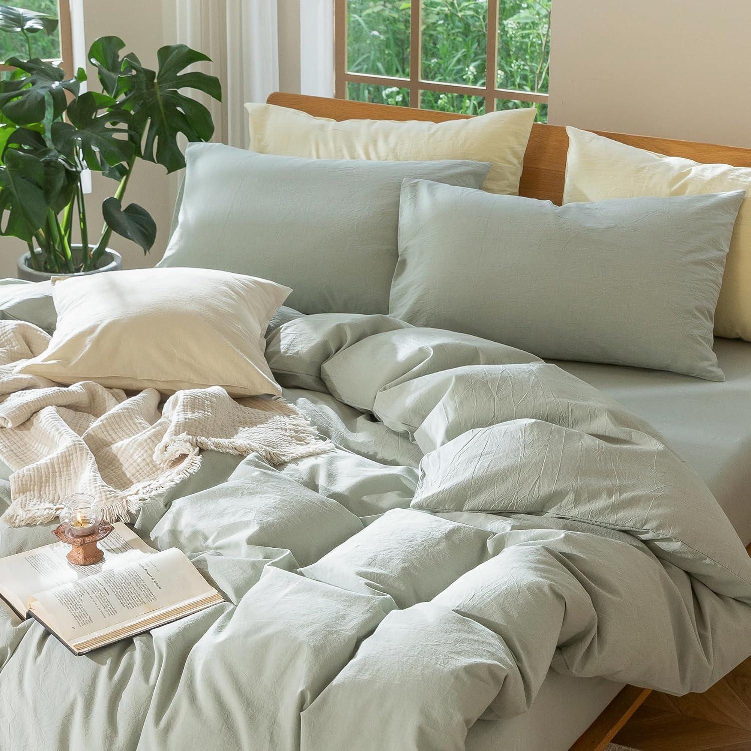 MOOMEE 100% Washed Cotton Linen Like Textured Duvet Cover Set