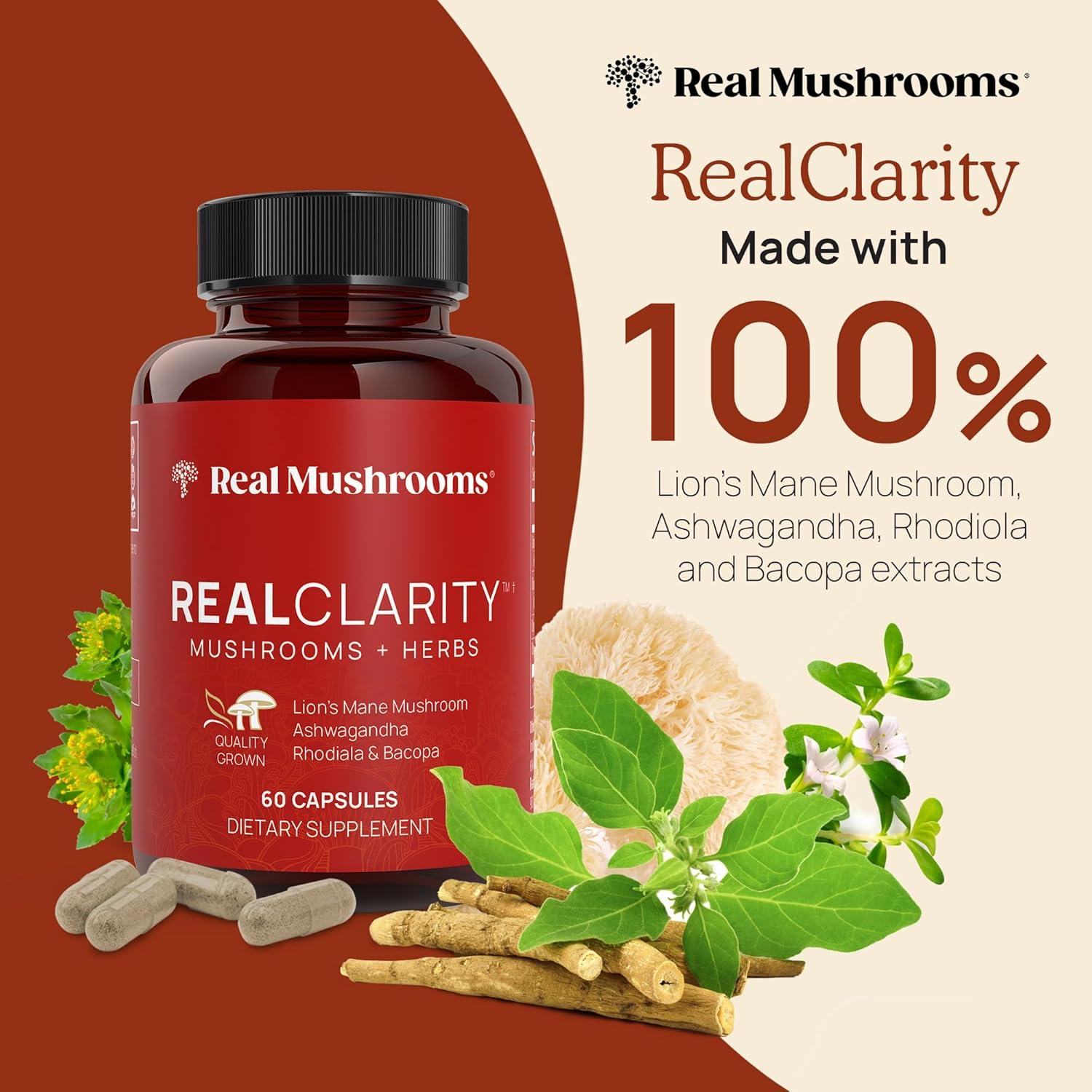 Real Mushrooms RealClarity, Mushrooms + Herbs, 60 Capsules