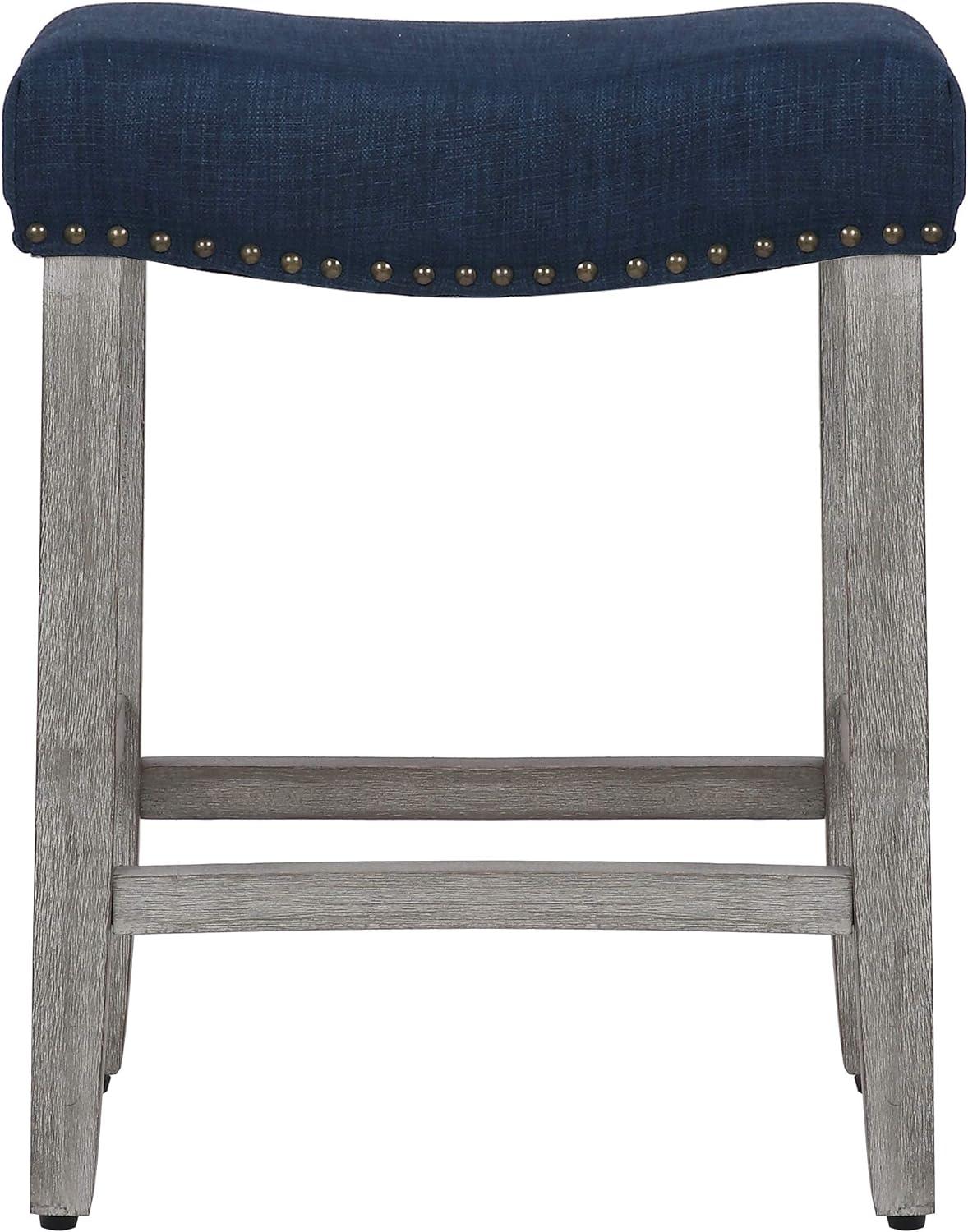 Antique Gray and Navy Blue Saddle Style Wood Bar Stool, 24"