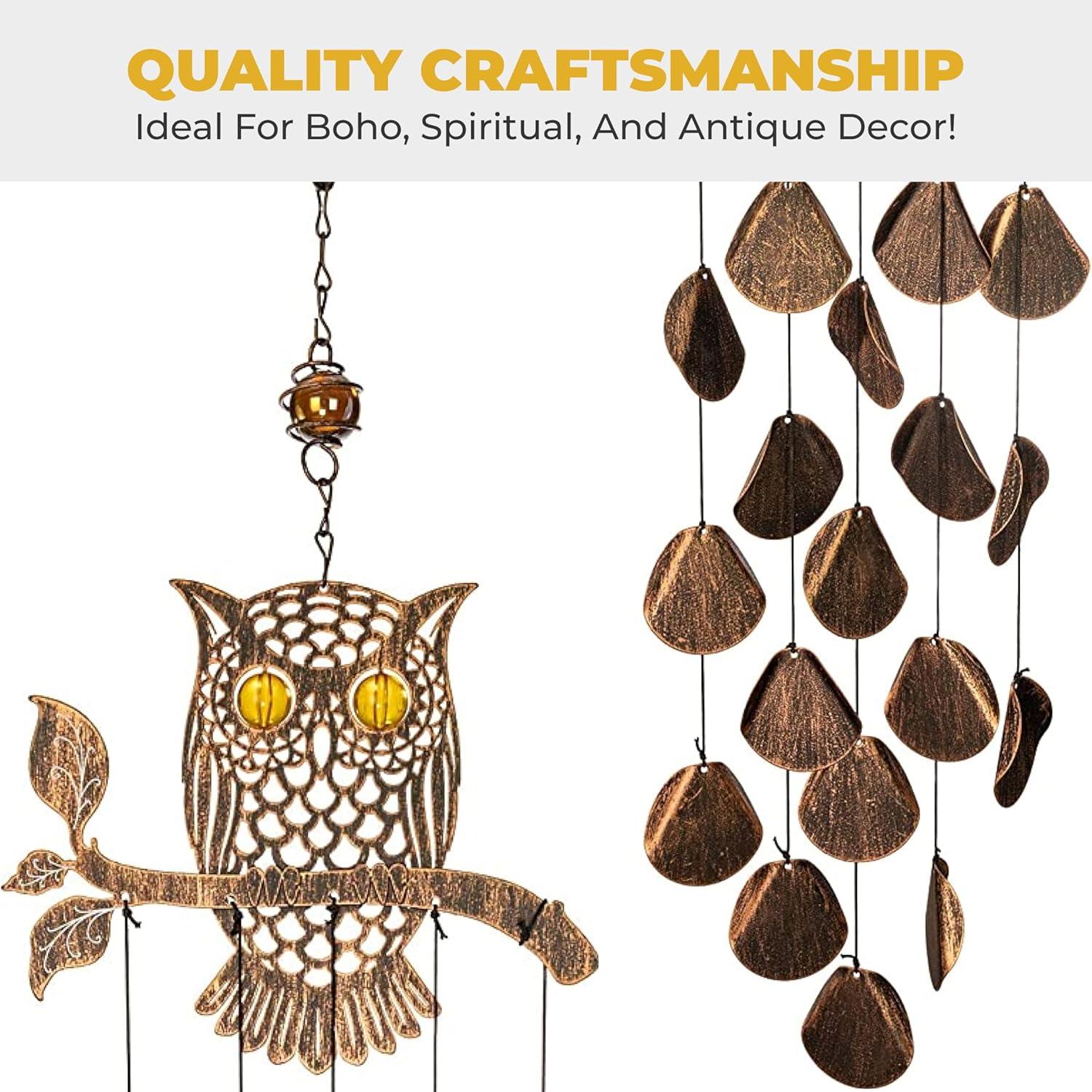 Dawhud Direct 30" H Rustic Copper Owl Wind Chimes - Garden Decoration
