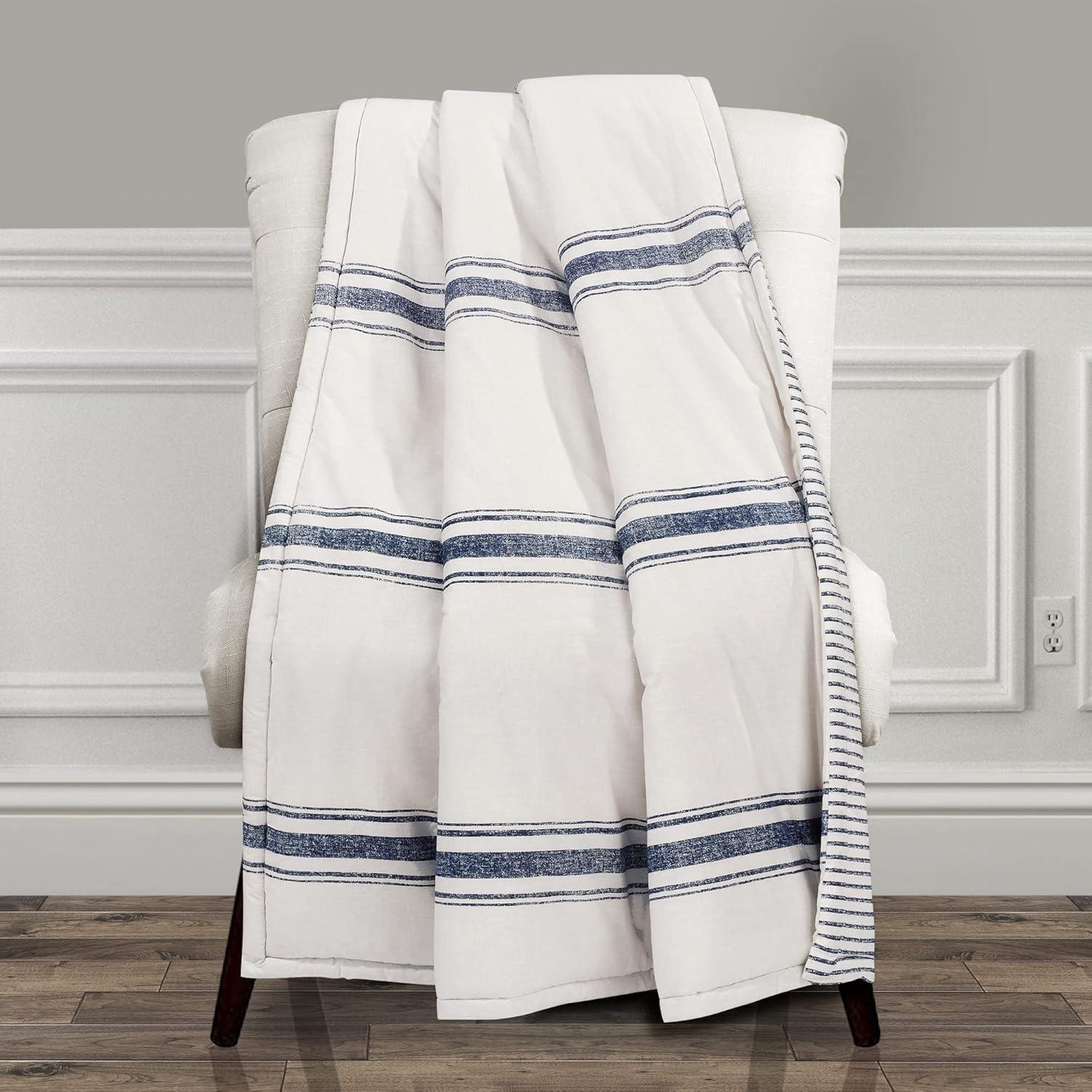 50"x60" Farmhouse Striped Throw Blanket Navy - Lush Décor: Reversible, Cotton, Cozy