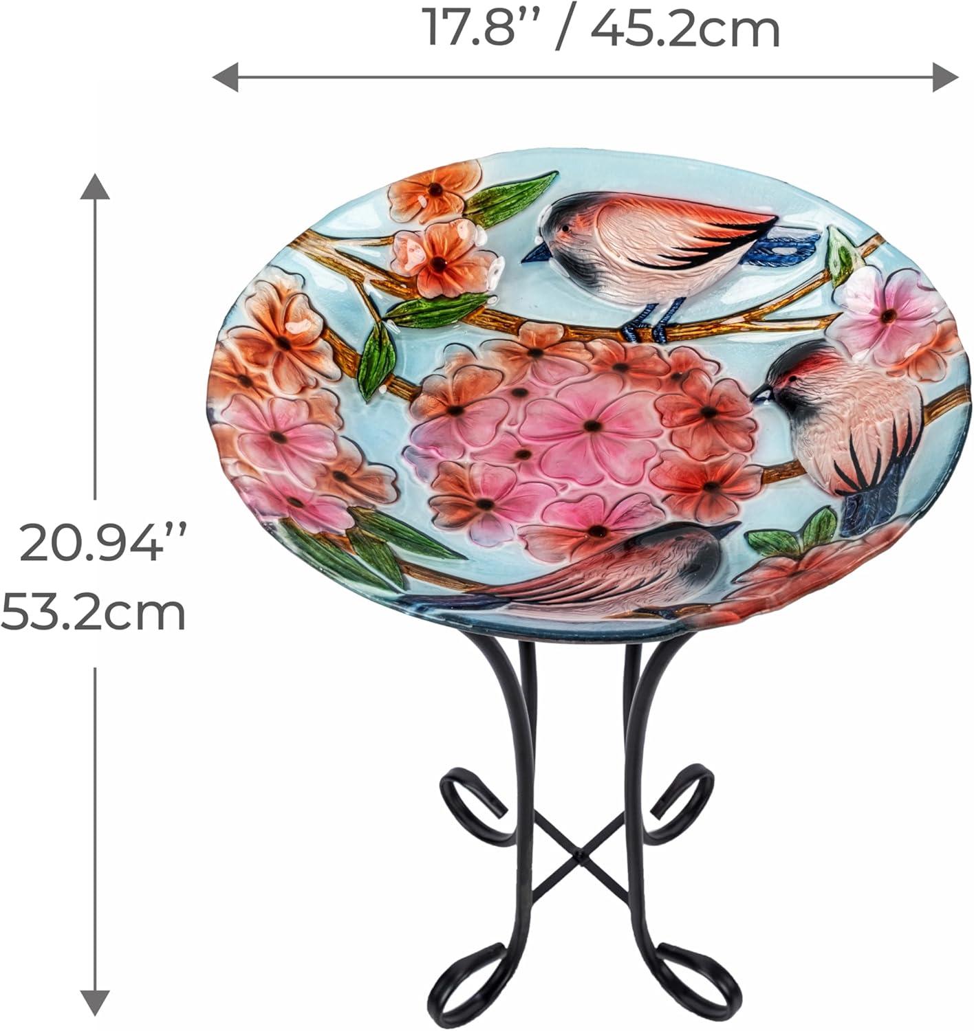 Teamson Home 17.8" Fusion Glass Bird Design Birdbath with Metal Stand, Multi