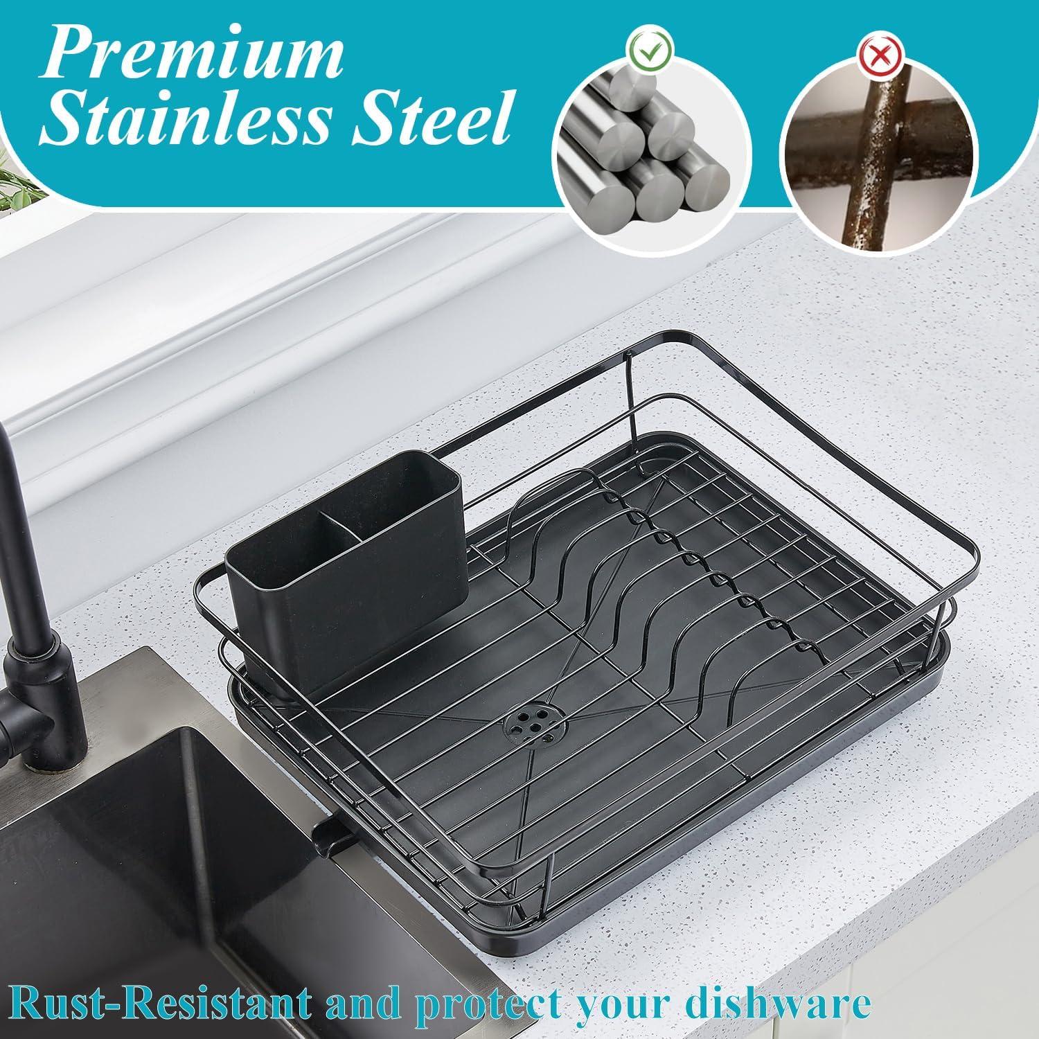 Dish Drying Rack- Space-Saving Dish Rack, Dish Racks for Kitchen Counter, Durable Stainless Steel Kitchen Drying Rack with a Cutlery Holder, Drying Rack for Dishes, Knives, Spoons, and Forks