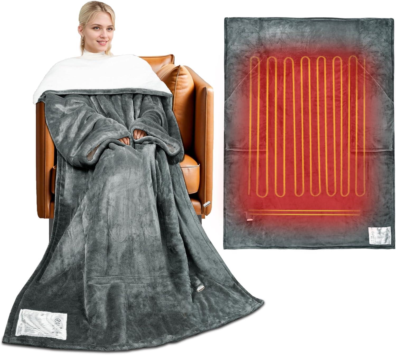 Tirrinia Heated Blanket, Wearable Electric Blanket, Plush Fleece Heating Blanket, Electric Throw Blanket for 5 Heating Levels, Winter Gifts, Gray