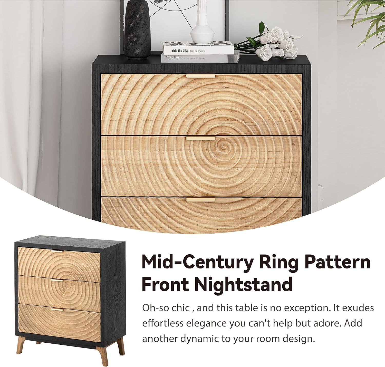 COZAYH Modern Farmhouse Living Room Nightstand, Drawer with Handcrafted Wood Ring Motif, 3-Drawer Black Nightstand