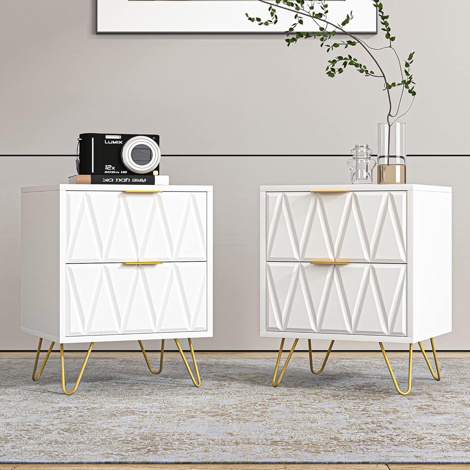 White and Gold Nightstand Set of 2,Modern Bedside Table with 2 Drawer for Bedroom,End Side Table with Gold Legs for Living Room,White Night Stand Set 2 for Bedroom