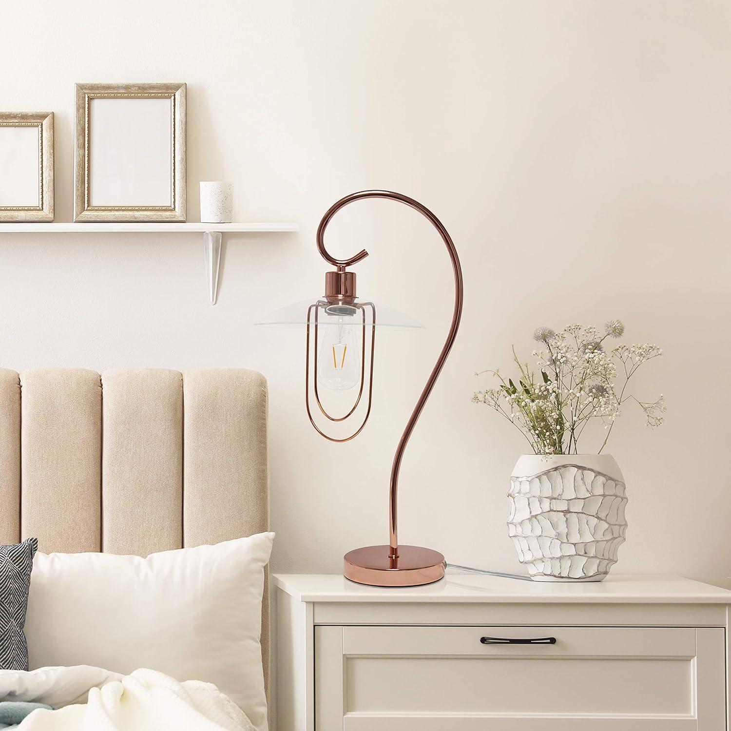 Lalia Home Modern Metal Scroll Table Lamp with Curved Metal Base and Clear Glass Shade - Rose Gold