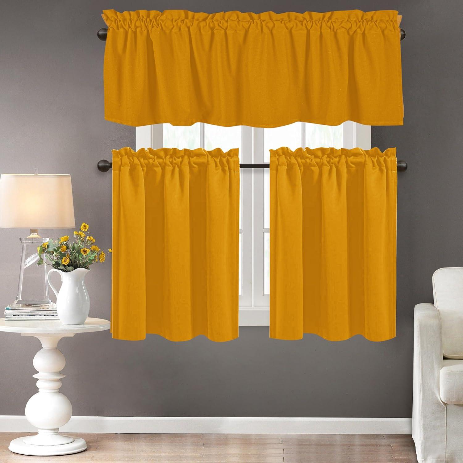 Native Fab 100% Cotton Kitchen Curtain Tiers Valance Set - Rod Pocket style 3 Pack - Mustard Yellow