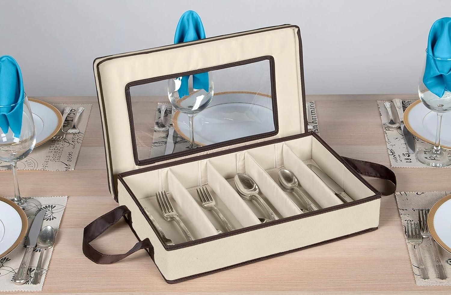 Windowed Flatware Storage Chest, 5 Compartment Storage with Serving Utensil Pouch, Canvas with Brown Trim