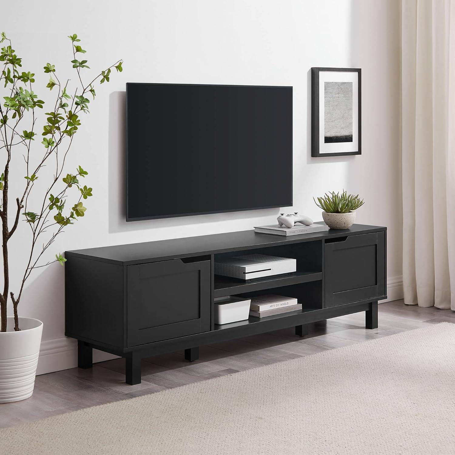 58" Solid Black Wood TV Stand with Cabinet for TVs up to 65 inches