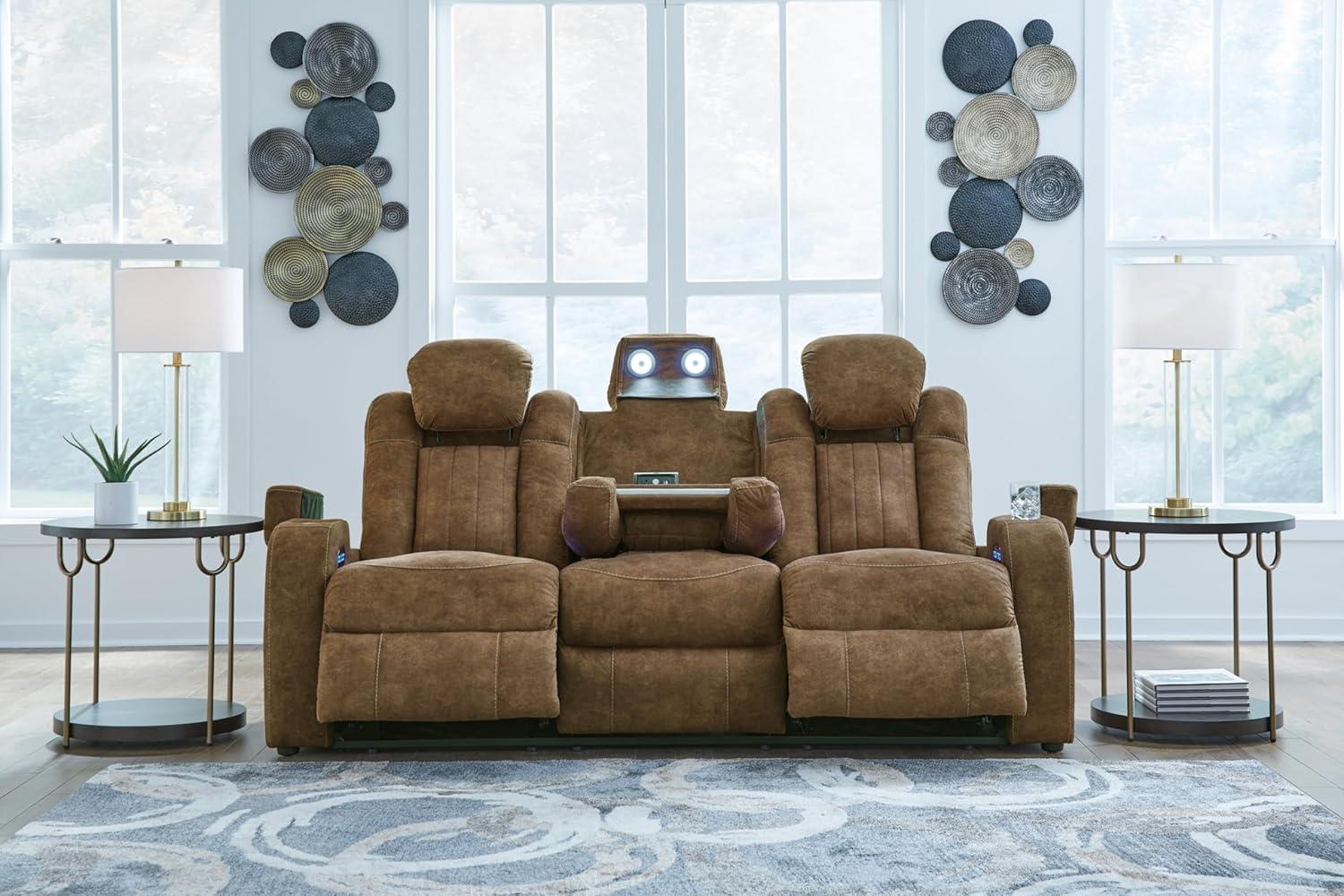 Brown Faux Leather Power Reclining Sofa with Storage