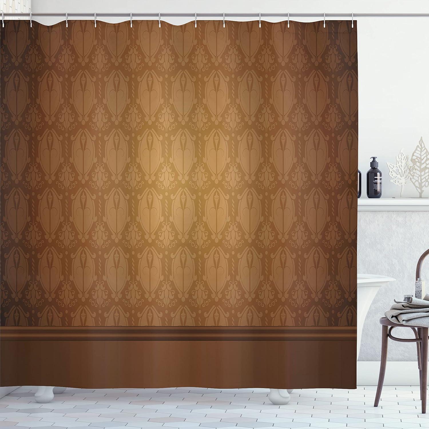 Victorian Damask Brown Tan Polyester Shower Curtain Set