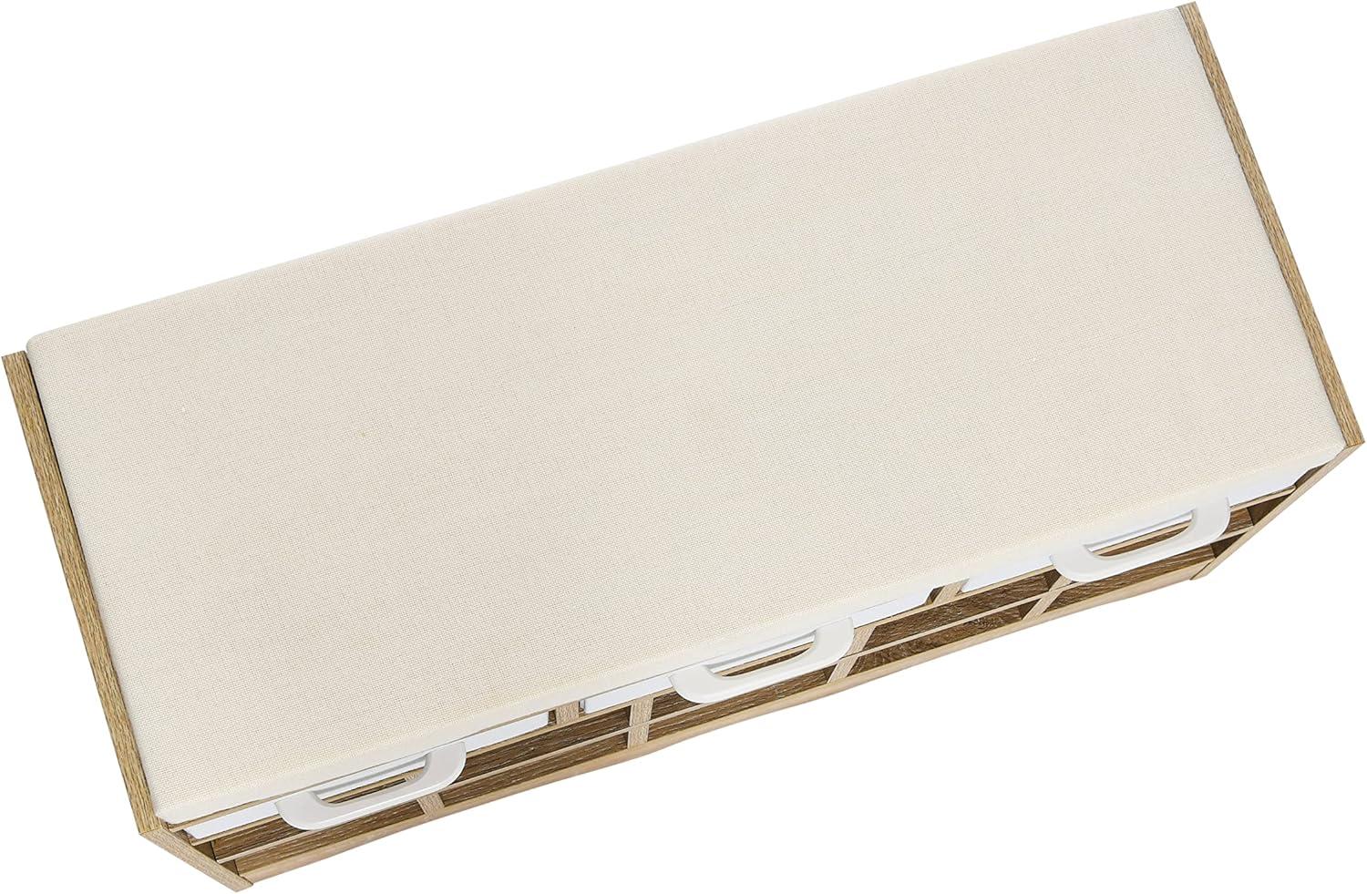 Household Essentials Entryway Storage Bench with 3 Beige Drawers 10 Shoe Compartments and Cushioned Seat in Coastal Oak Rustic Wood Grain