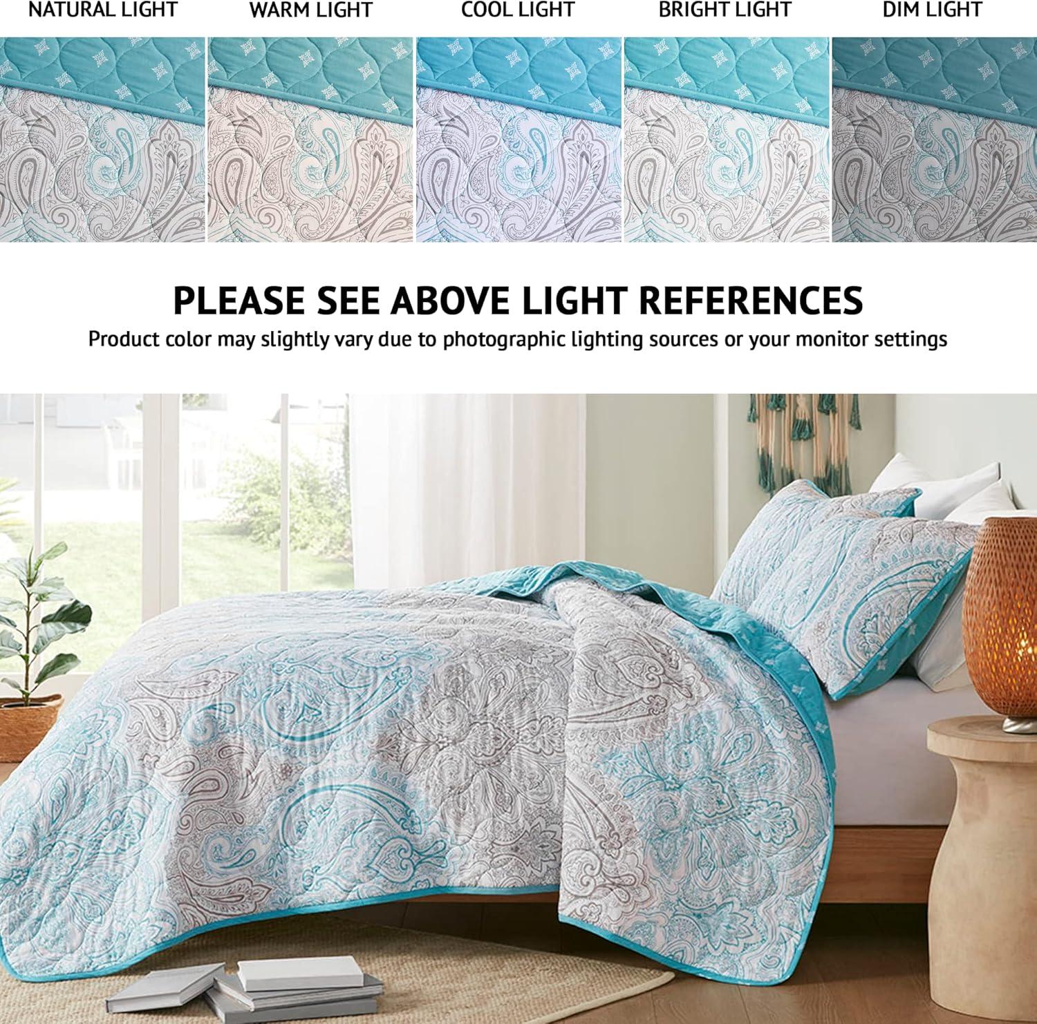 Madison Park Cardi Reversible Cotton Quilt Set - Paisley Design, Boho Reverse Summer Breathable Coverlet, Lightweight All Season Bedding Layer, Shams, Full/Queen(90"x90"), Teal 3 Piece
