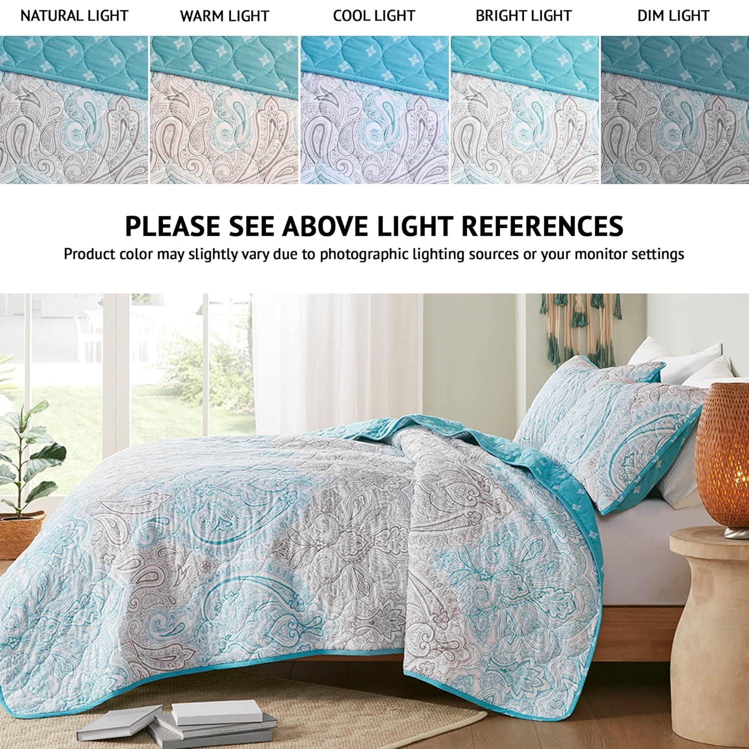 Madison Park Cardi Reversible Cotton Quilt Set - Paisley Design, Boho Reverse Summer Breathable Coverlet, Lightweight All Season Bedding Layer, Shams, Full/Queen(90"x90"), Teal 3 Piece
