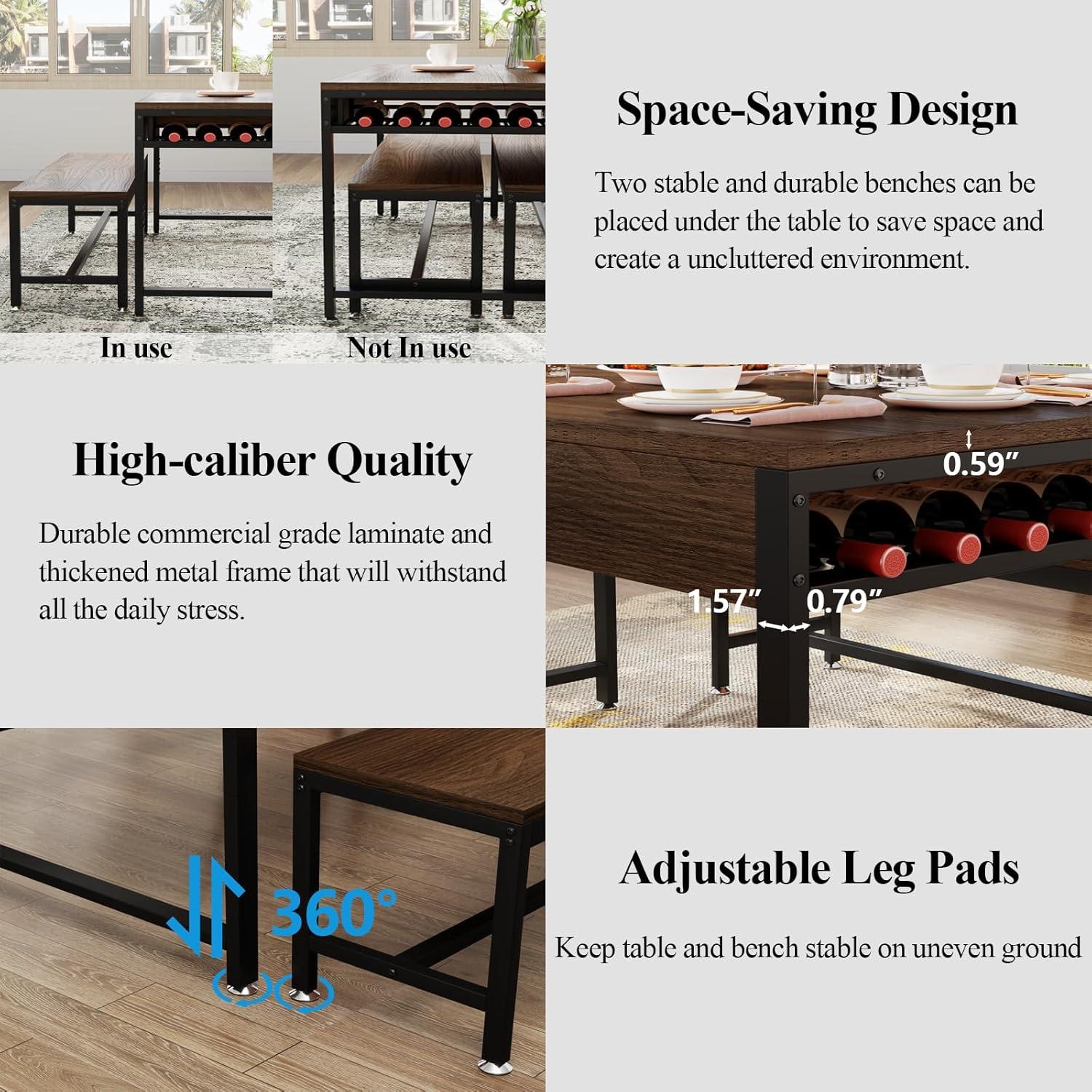 17 Stories Zubie 63"Dining Table Set for 4-6, 3-Piece Kitchen Table with 2 Utensil Drawers,2 Benches&Wine Rack