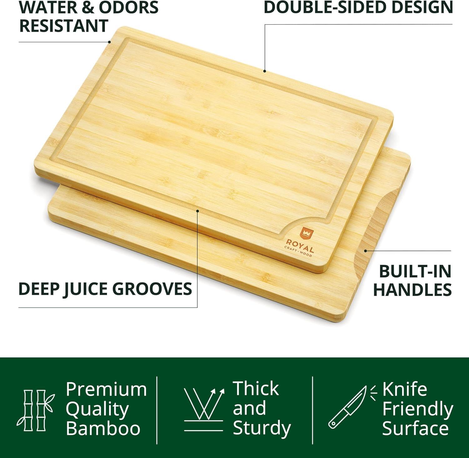 Bamboo Cutting Board Set of 3 with Side Trays - Wood Cutting Boards For Kitchen for Meat, Cheese, Fruits & Vegetables by Royal Craft Wood