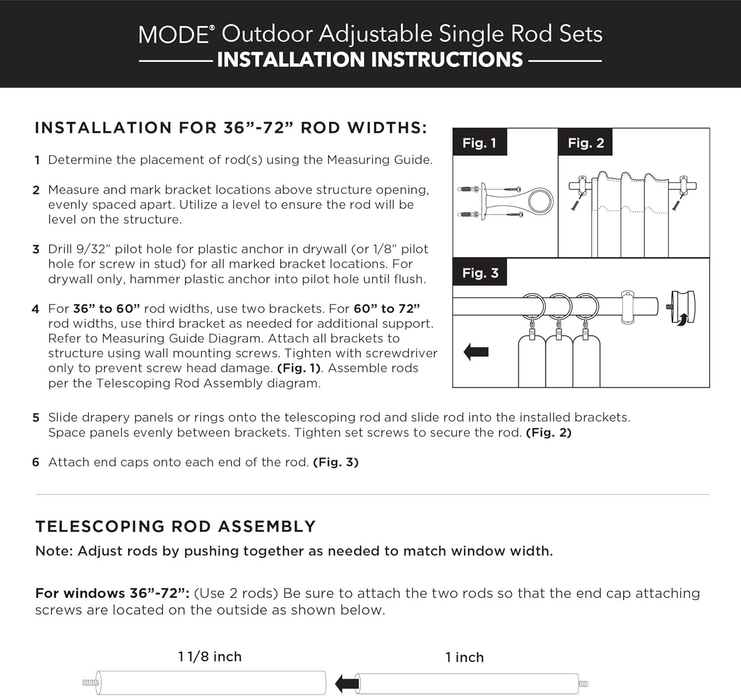 Mode Outdoor Collection 1 1/8 in Diameter Curtain Rod Set with End Cap Finials and Steel Wall Mounted Adjustable Rod