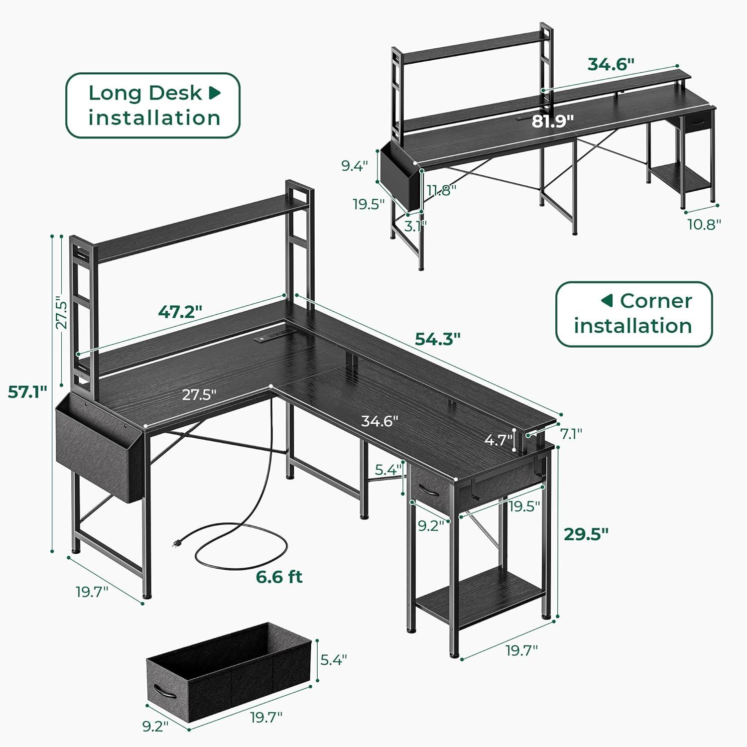 Huuger L Shaped Gaming Desk with Power Outlets, Led Lights, Computer Desk Office Desk with Storage Shelves, Corner Home Office Desks for Bedroom, Black