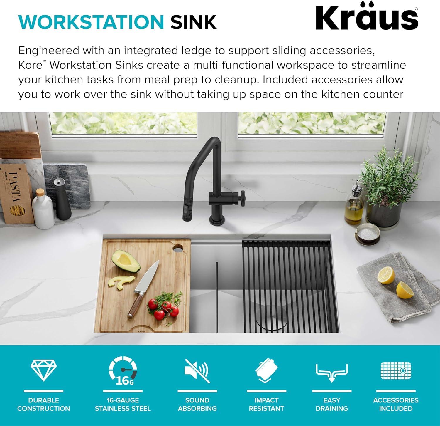 KRAUS Kore™ Workstation 33-inch L Undermount 16 Gauge Double Bowl Stainless Steel Kitchen Sink with Accessories