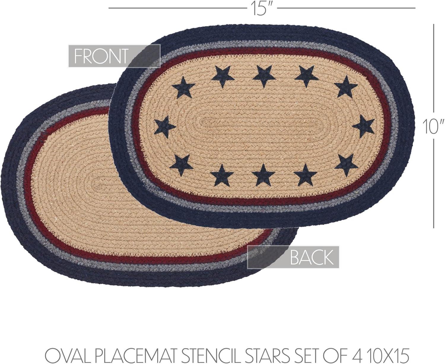 VHC Brands Braided Cotton Placemat 10x15 Set of 4, Cotton Dining Room, Kitchen Placemat, Dining Table Placemats, Woven Place Mat, Stenciled, My Country Collection, Oval 10x15, Stars, Navy