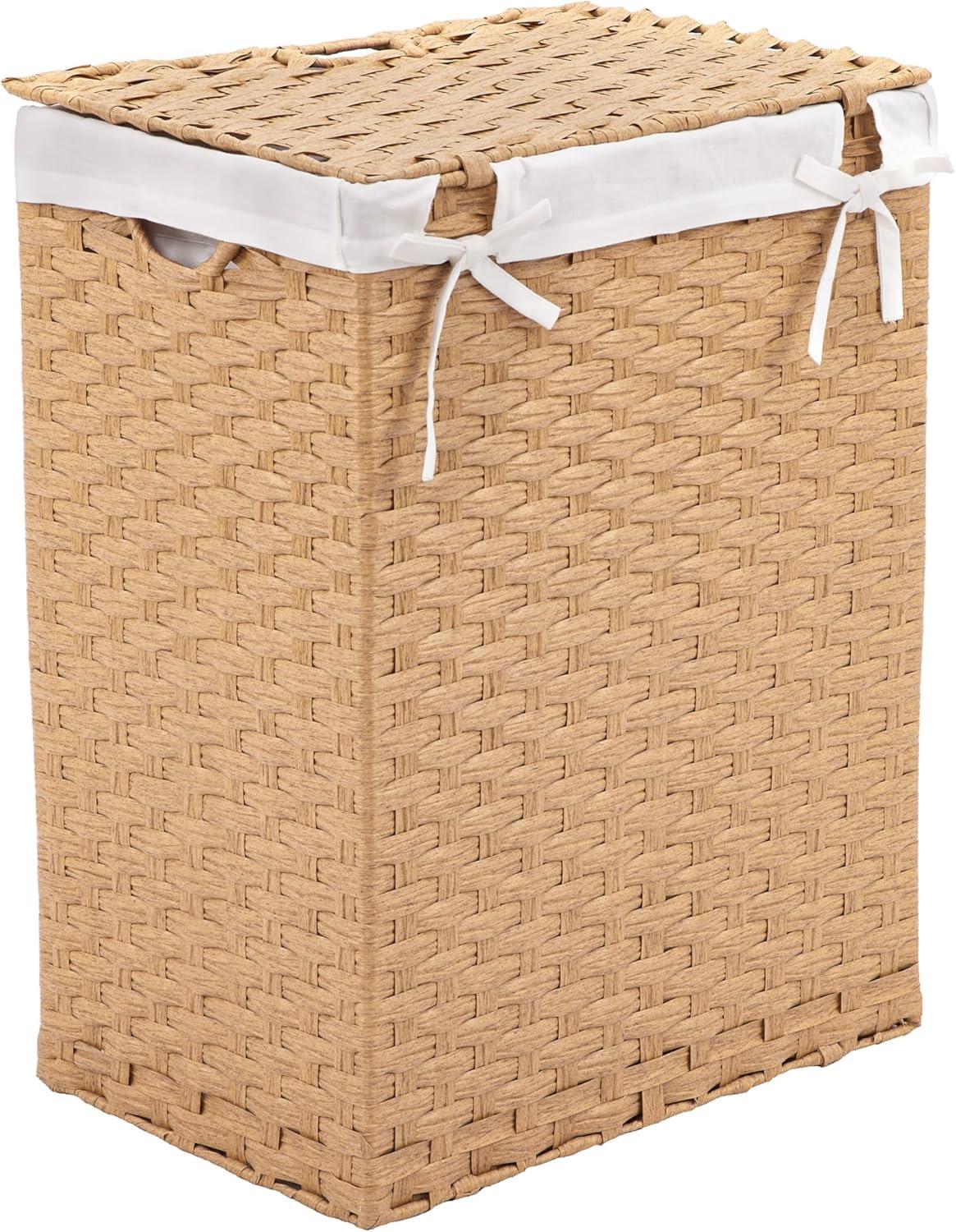 Seville Classics Handwoven Lidded Removable Washable Canvas Liner Portable Laundry Hamper Bin, Tan