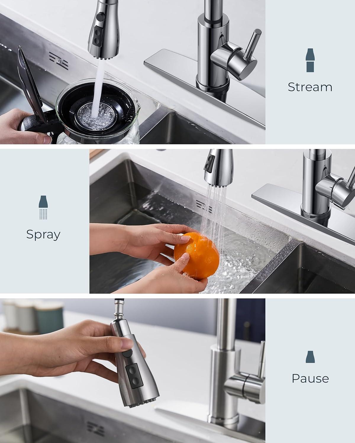 FORIOUS Kitchen Faucet with Pull Down Sprayer, Brushed Nickel, Bar High Arc Single Handle Traditional 3 Modes Stainless Steel Faucet for Kitchen Sink Farmhouse RV Laundry Camper