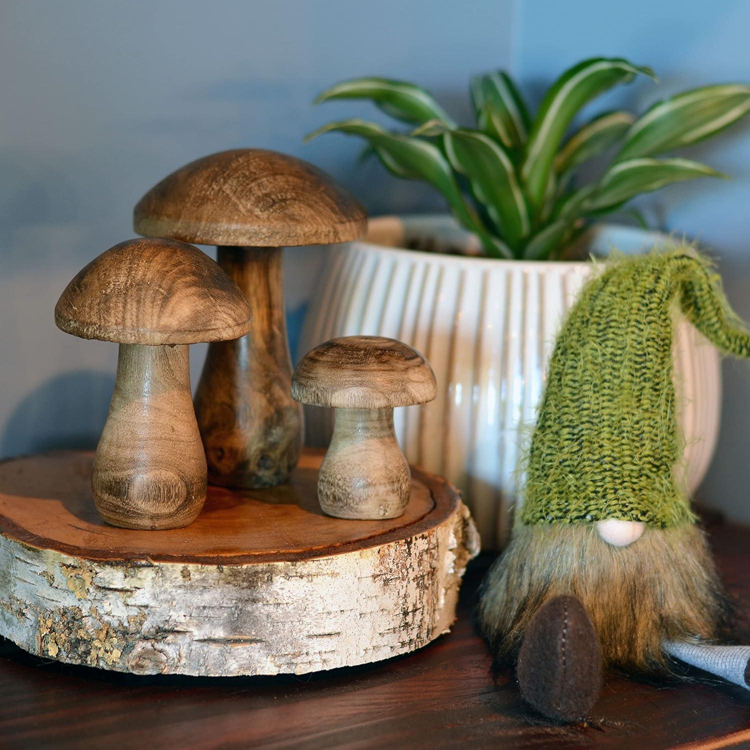 WHW Whole House Worlds Farmers Market Mushrooms, Set of 3, Decorative Figurines, Art, Dark Mango Wood, 4.75 Inches