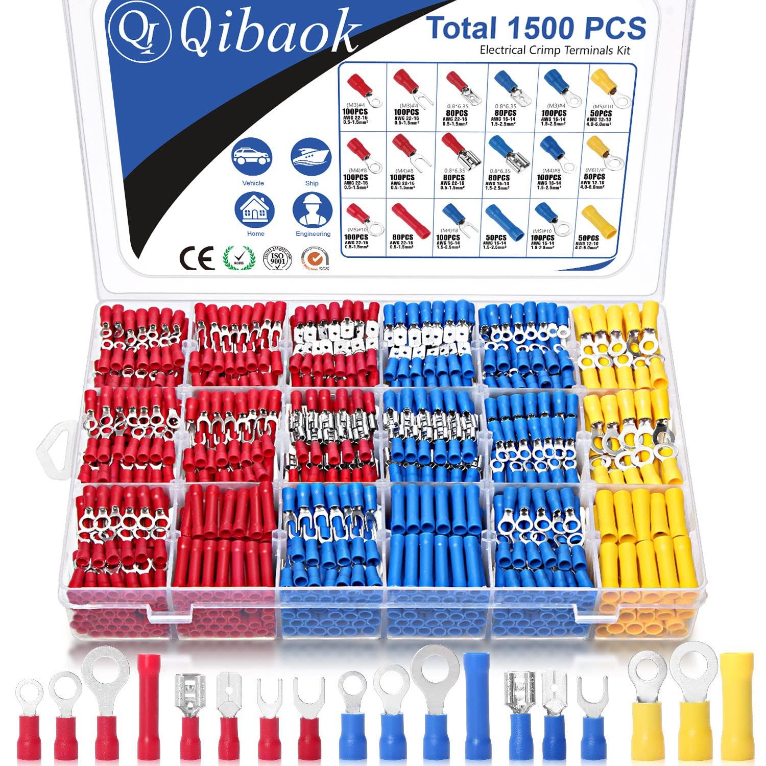 Qibaok 1500pcs Wire Connectors - Insulated Electrical Wire Terminals (Copper) - Ring, Butt, Spade, Fork Connector Kit - Red, Blue, Yellow