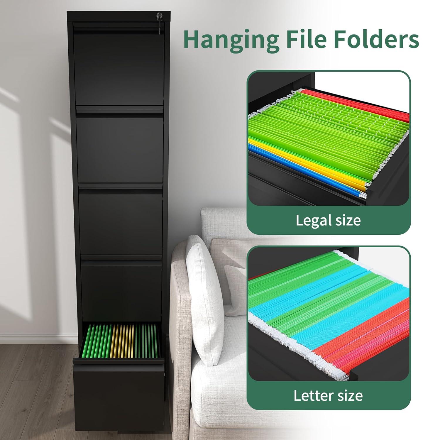 Yiyuanjin 5 Drawer Vertical Metal File Cabinet with Lock for A4 Legal/Letter Size, Black