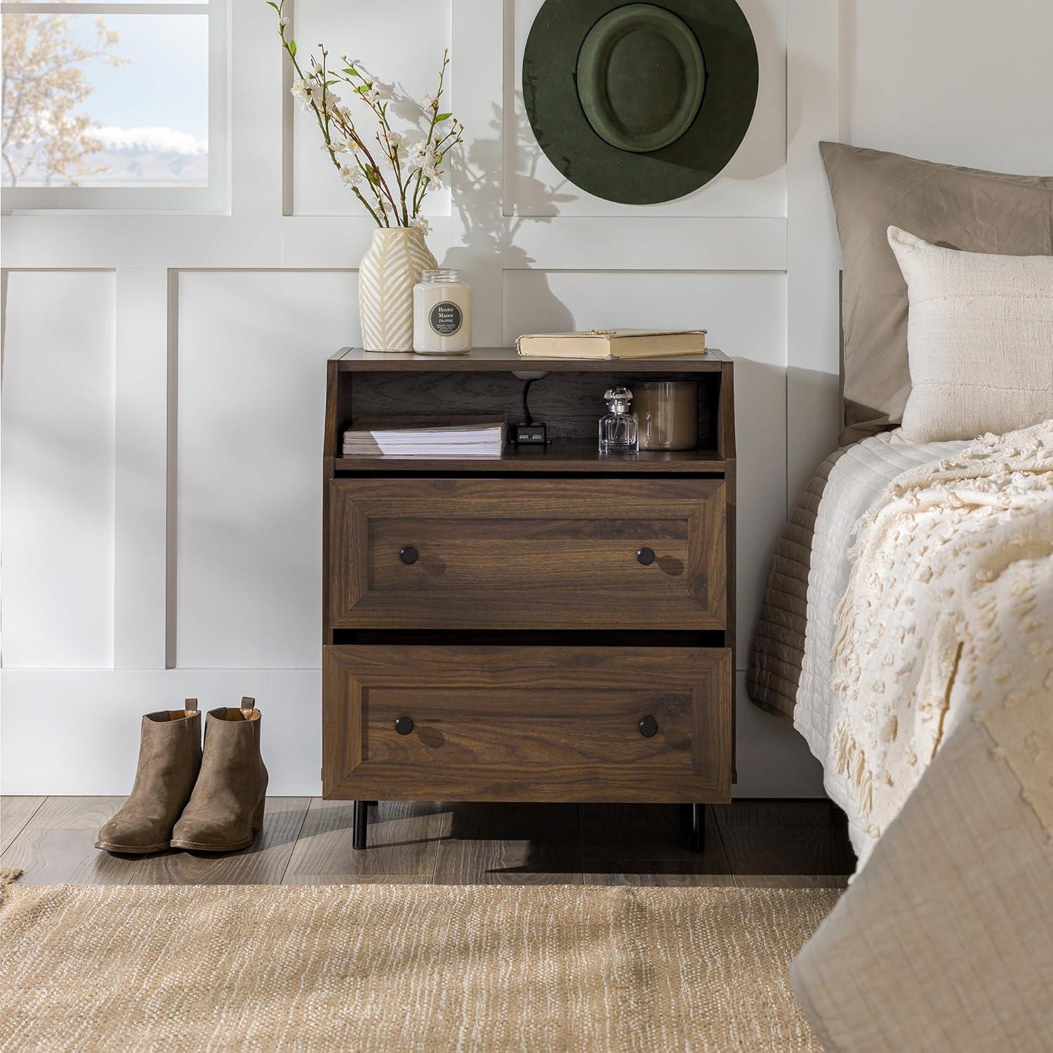 22" Curved Open Top 2-Drawer Bedroom Nightstand with USB in Dark Walnut