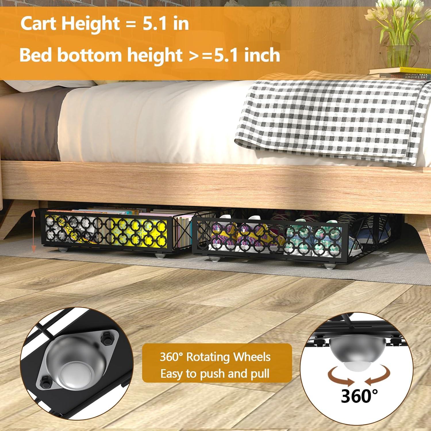 Black Metal Foldable Under Bed Storage with Wheels, Set of 2