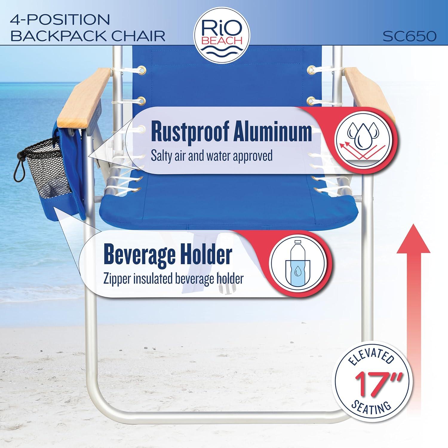 Rio Brands 4-Position Hi-Boy Backpack Beach Chair, Folding Chair for Outdoors, Stripe