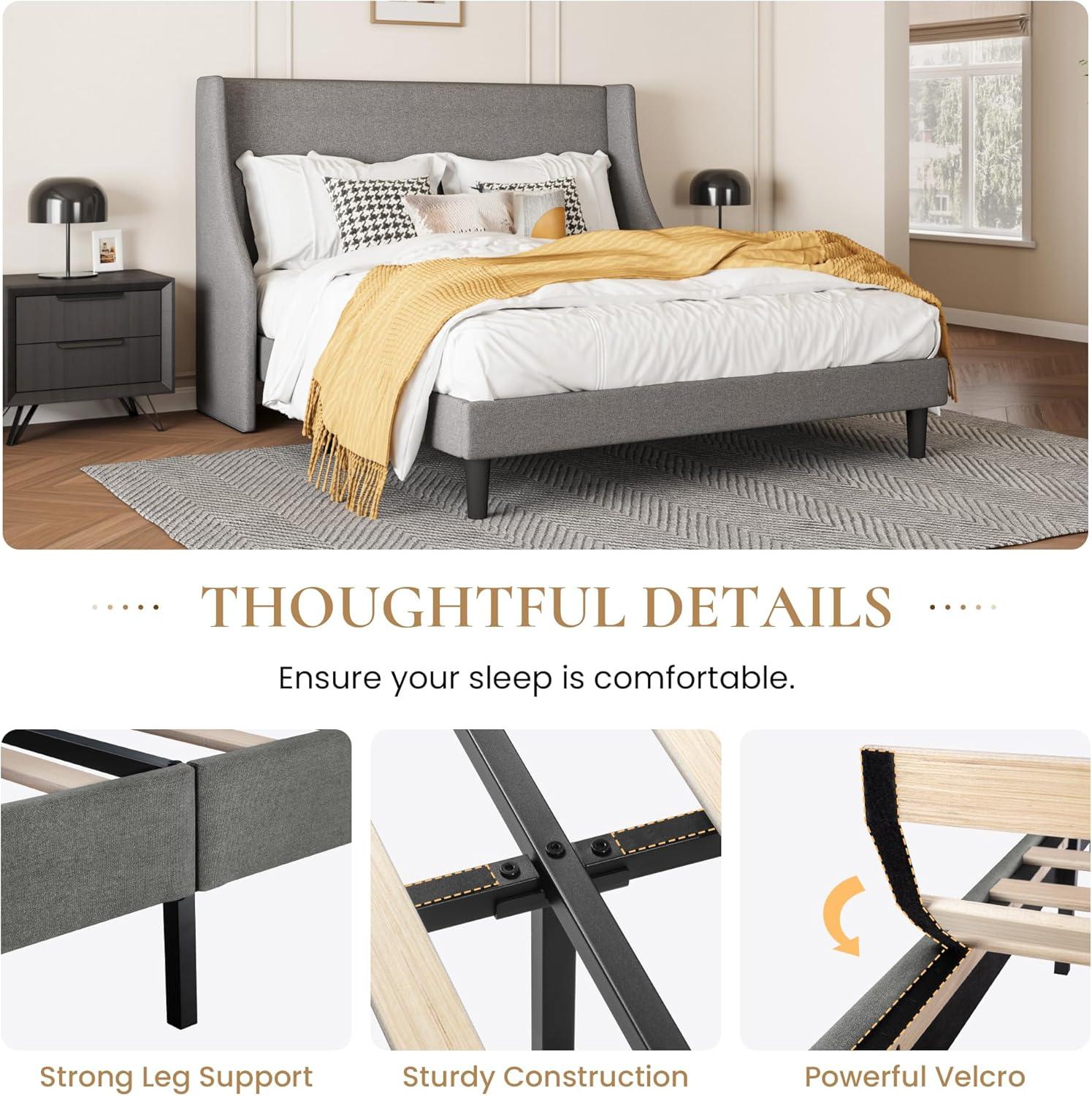 SHA CERLIN Platform Bed Frame Queen Size with Upholstered Headboard – Sleek Wingback Design, Reinforced Wood Slat Support, Light Grey