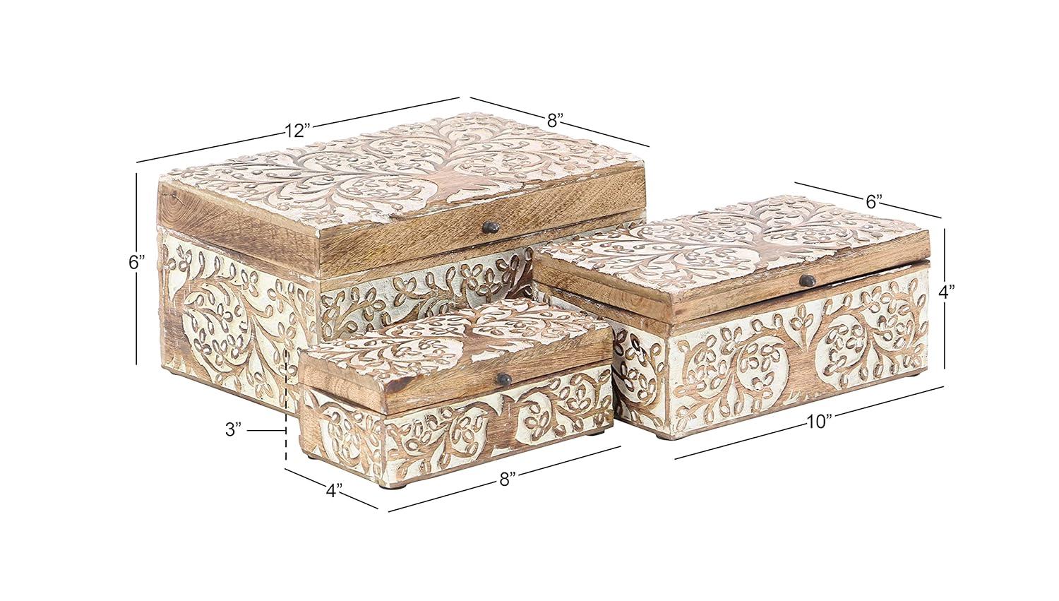 Olivia & May Set of 3 Rustic Carved Mango Wood Boxes : Handmade Keepsake Storage