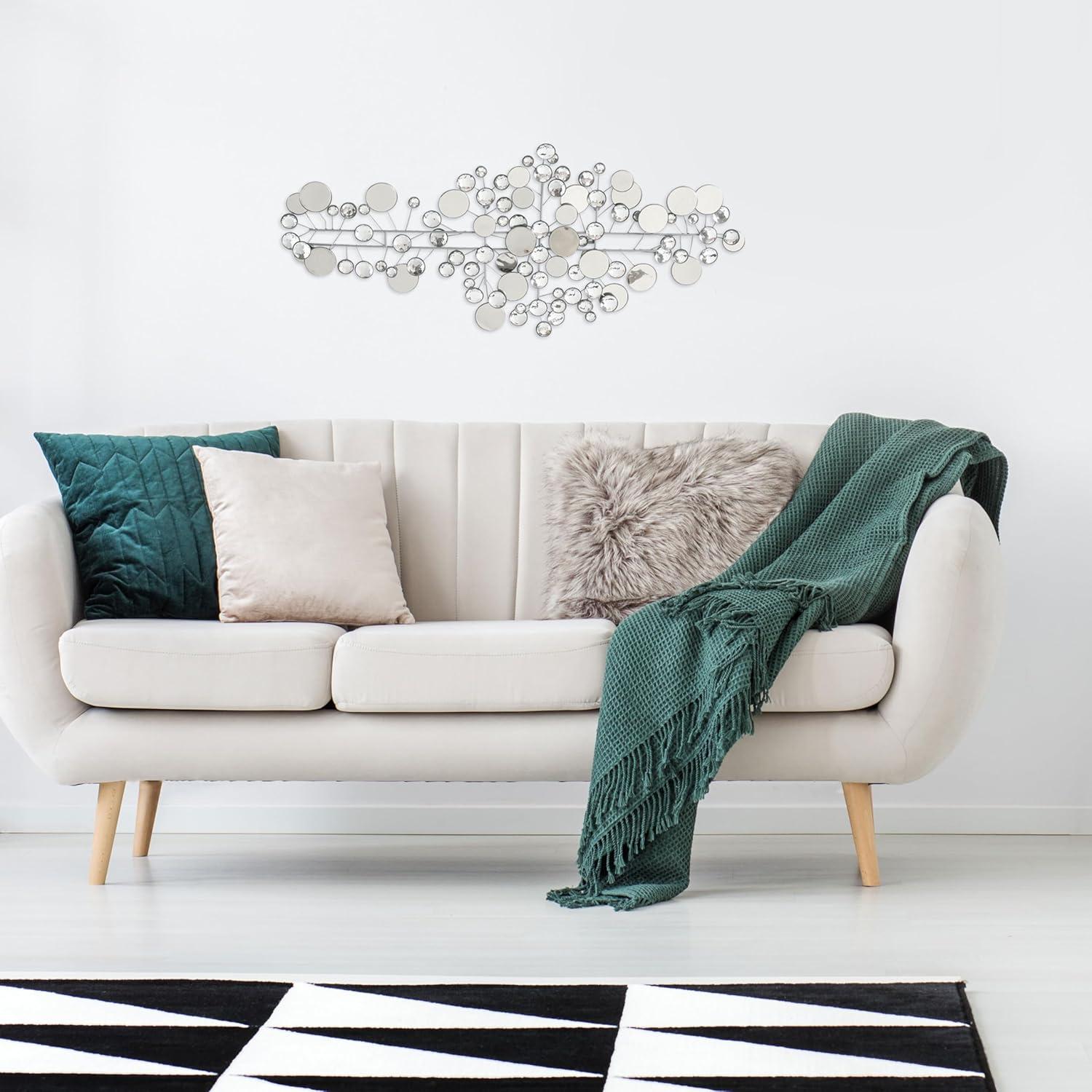 Modernist Floating Circles, Abstract Metal Wall Art, Artisan Crafted, Roundels of Silver, Mirrors, Faux Multi Carat Diamonds, Iron, Over 3 Ft Long, Hangers on Back