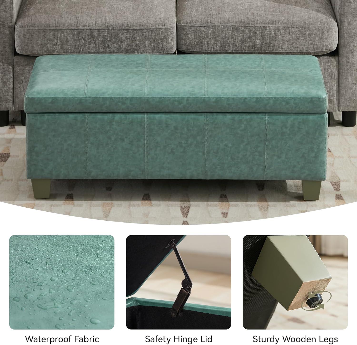 Ebern Designs Faux Leather Storage Ottoman, Rectangle Upholstered End Of Bed Storage Bench,  Stitch Tufted Bedroom Bench With Storage, Entryway Large Storage Ottoman With Wooden Legs