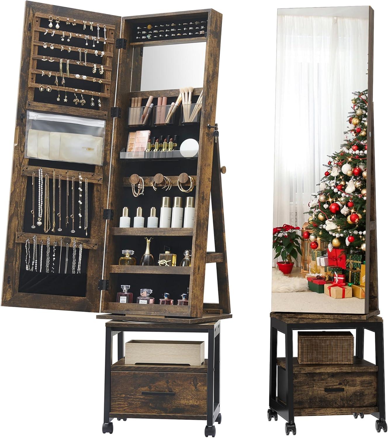 Garvee 360¡ã Swivel Jewelry Armoire, 66" H Floor Standing Locking with Full Length Mirror, Inside Makeup Mirror, Rear Storage Shelves, Brown