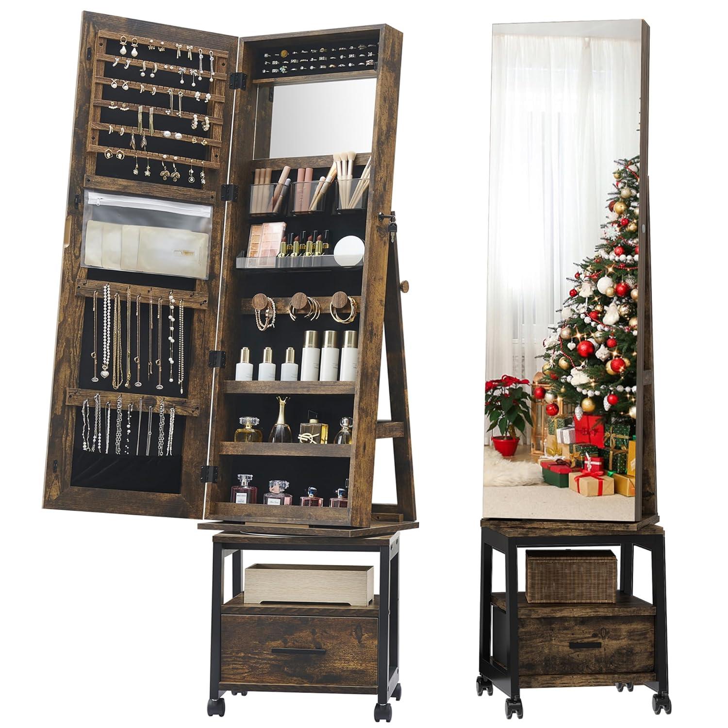 Garvee 360¡ã Swivel Jewelry Armoire, 66" H Floor Standing Locking with Full Length Mirror, Inside Makeup Mirror, Rear Storage Shelves, Brown