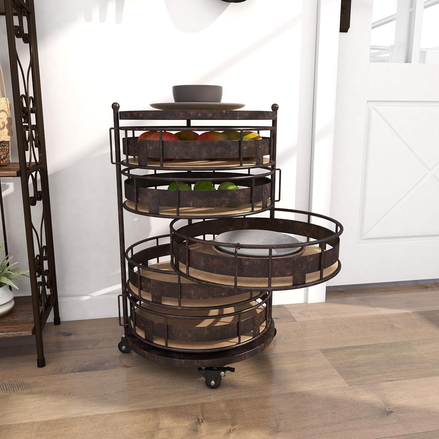 DecMode Brown Metal Rolling Circular 6 Shelf Kitchen Storage Cart with Adjustable Shelves