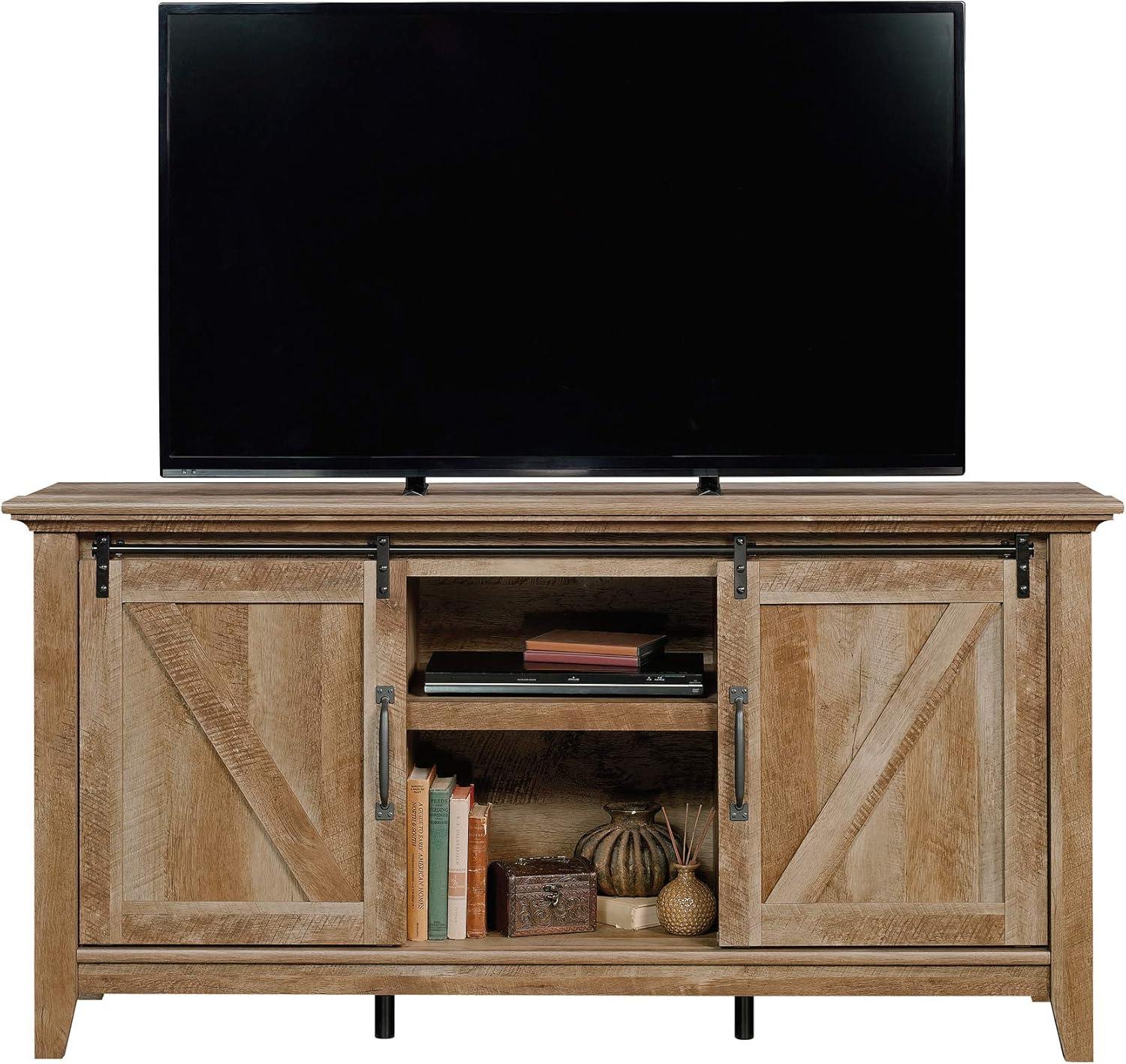 Dakota Pass TV Stand for TVs up to 70" Dark Brown - Sauder: Craftsman Oak Finish, Sliding Doors, Adjustable Storage