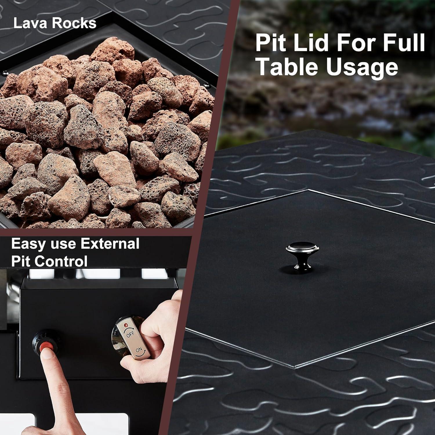 VECELO 30" Square Propane Fire Pit Table, 50,000 BTU Gas Fire Square Fireplace with Lid and Lava Rock for Outdoor, Patio, Backyard, Party, Black