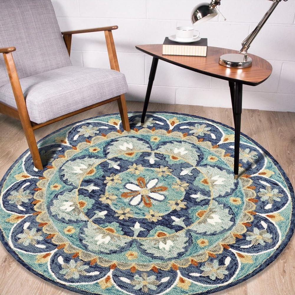 Ox Bay Dazzle Floral Tufted Green Blue Wool 4 Feet Round Rug