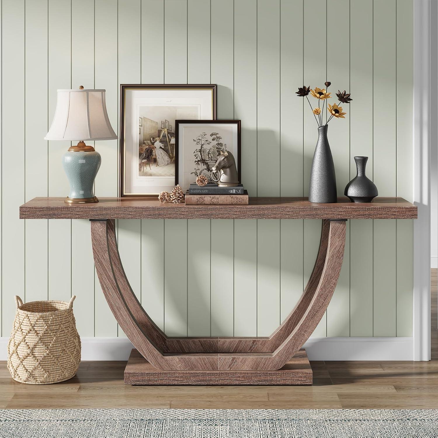 Tribesigns 63" Skinny Console Table with Geometric Base, Farmhouse Sofa Table Narrow Long, Thickened Behind Couch Table with Shelves for Living Room Foyer Corridor (Brown)
