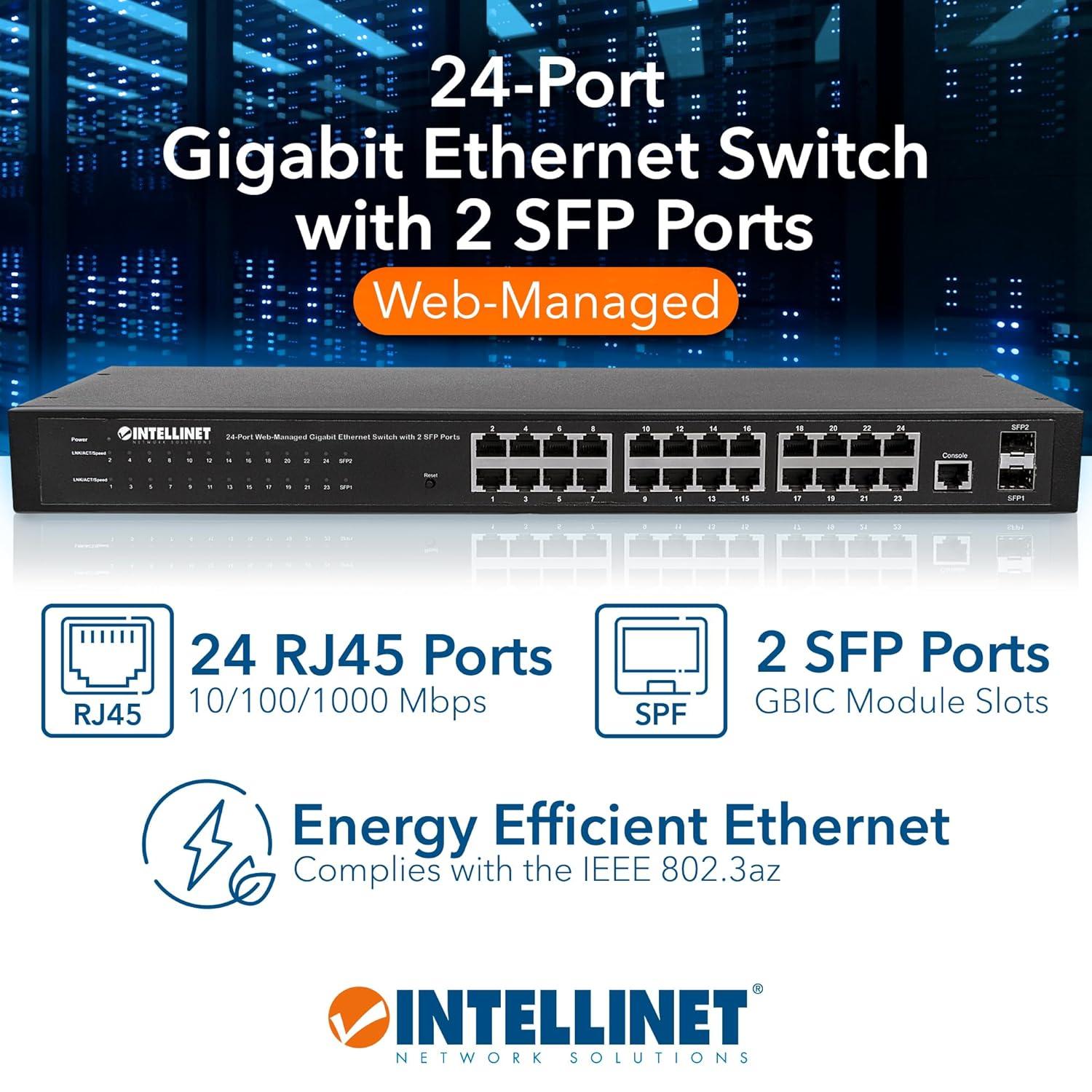 Intellinet 24-Port Web-Managed Gigabit Ethernet Switch with 2 SFP Ports | Fanless | VLAN, SNMP, 802.1X | NDAA