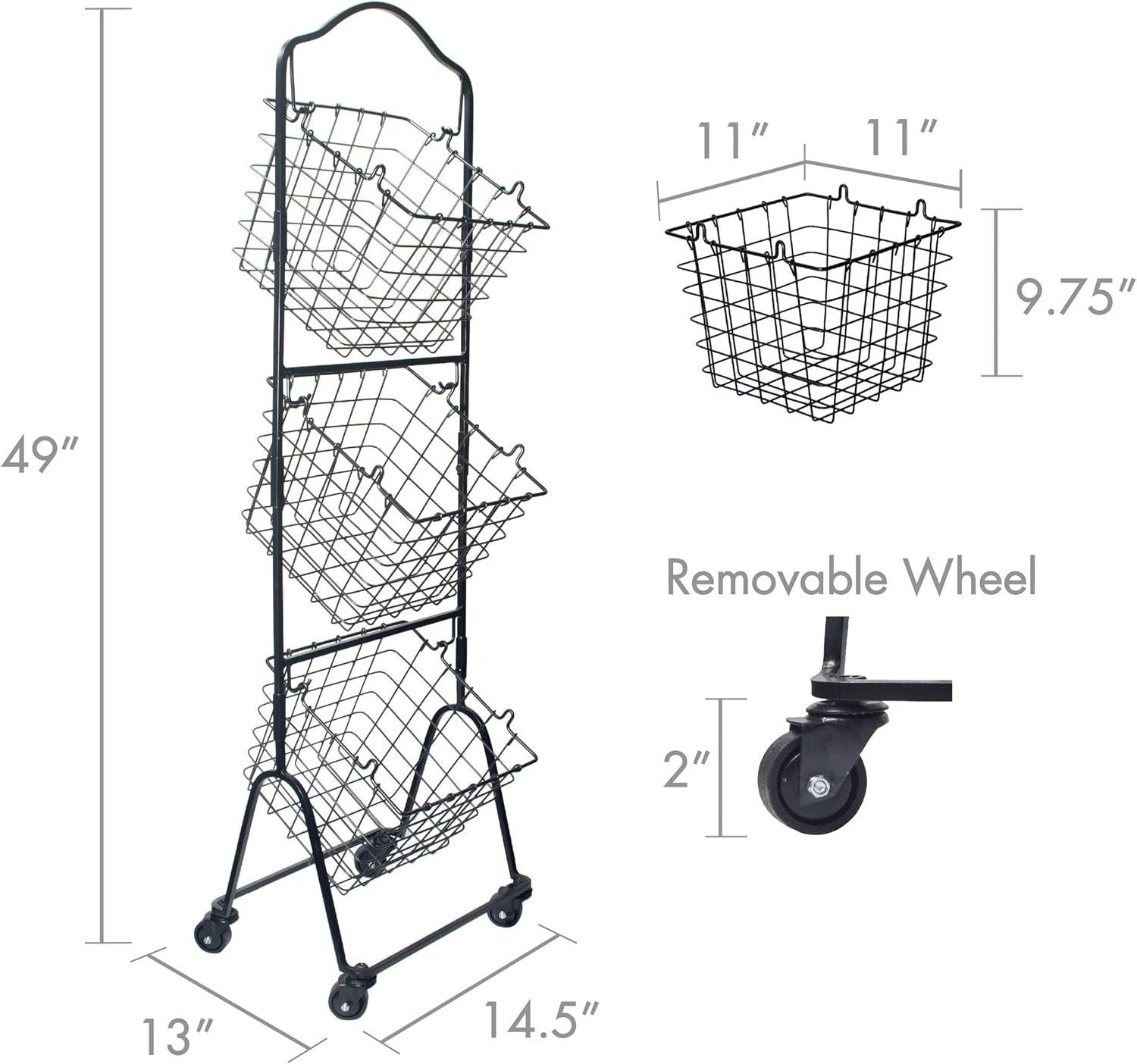 Gourmet Basics by Mikasa Rio 3-Tier Metal Floor Standing Fruit Storage Basket with Removable Wheels, 49 inch, Black